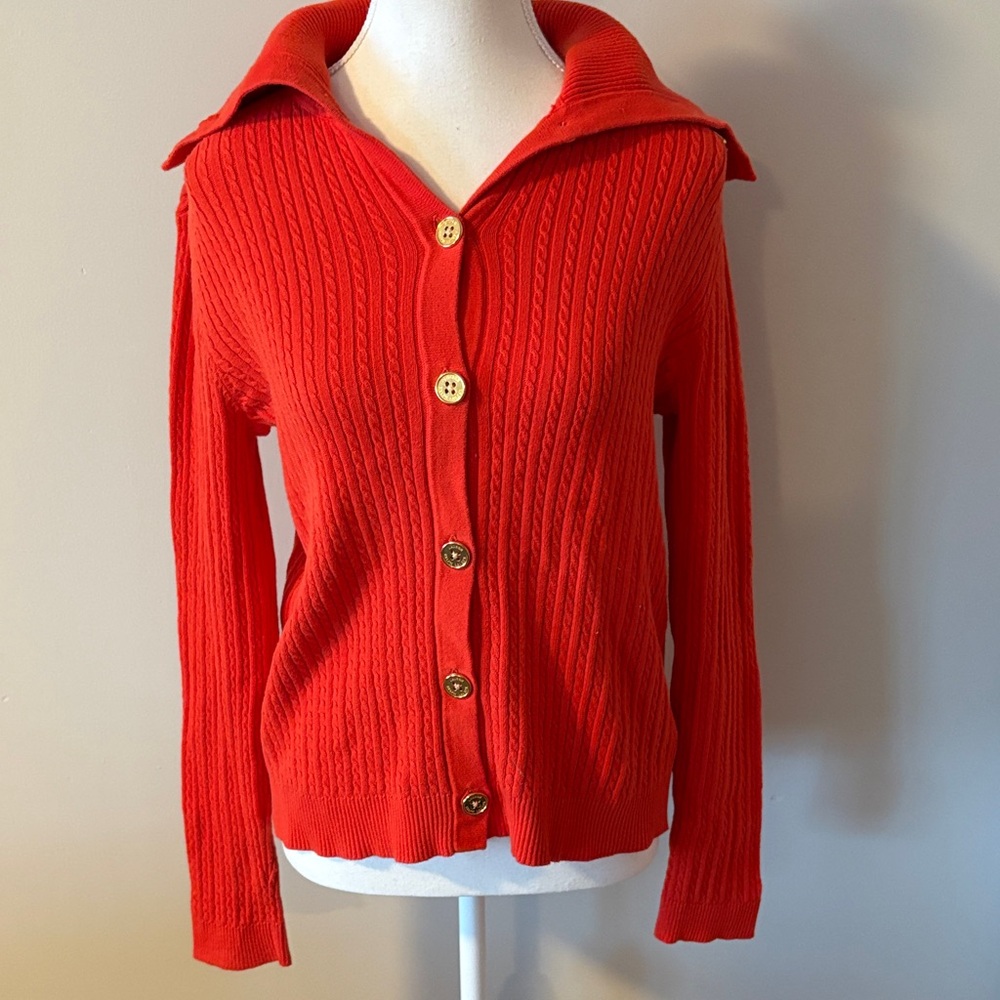 Ralph Lauren Red Orange Button-Up 100% Cotton Long Sleeve Sweater. Size Medium